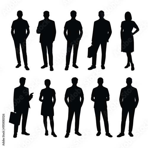 A group of business people standing in various poses in black silhouettes