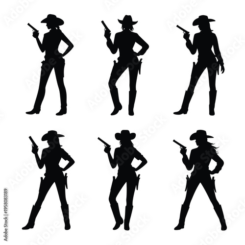 Six black silhouettes of women wearing cowboy hats and holding guns