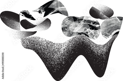 Glitch distorted geometric shape . Noise destroyed logo . Trendy defect error shapes . Glitched .Grunge textured . Distressed effect .Vector shapes with a halftone dots screen print texture.
