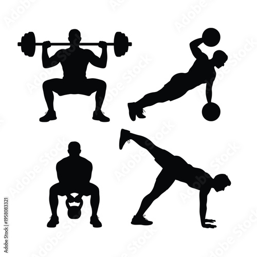 A fit man performing various exercises with weights in a gym