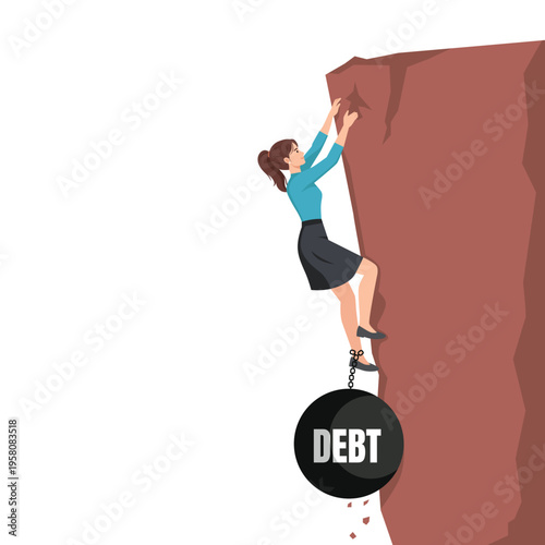 Business Woman Climbing Cliff with Debt Burden Challenge. Flat vector illustration isolated on white background