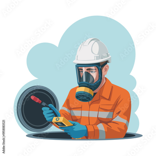 A worker in protective gear inspecting a manhole cover with a tool
