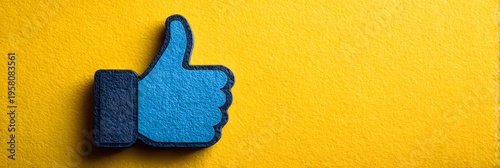 A bright blue thumbs up icon is positioned prominently on a vivid yellow textured background with a soft shadow indicating direct studio lighting creating a clear positive mood