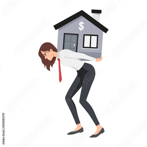 Stressed Business Woman Carrying House Financial Burden. Flat vector illustration isolated on white background