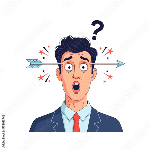 Confused Businessman with Arrow Through Head, Question Mark, Surprise and Shocked Expression