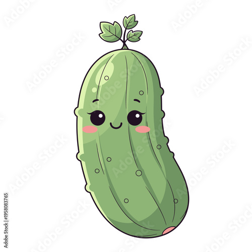 Cute Kawaii Pickle Character with Smiling Face and Green Leaves - Vector Illustration