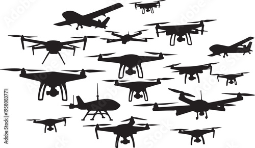Set of 15 drone silhouettes vector