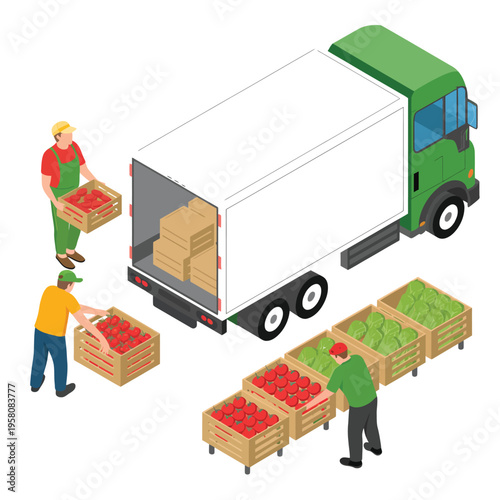 Workers loading crates of fresh produce into a delivery truck