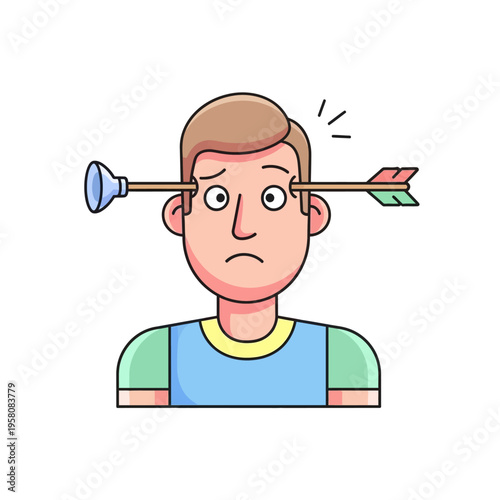 Man with arrow through head, cartoon illustration, concept of shock, pain, or bad idea