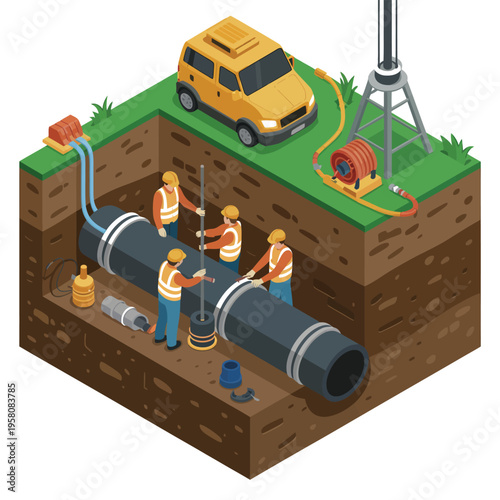 Workers in a trench installing a large underground pipe system