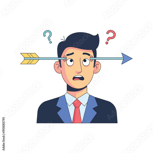 Confused businessman with arrow through head, questioning and stressed