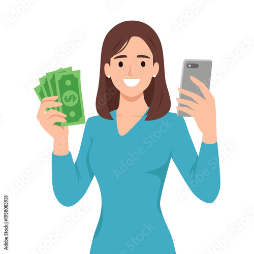 Woman Holding Cash and Smartphone Mobile Payment. Flat vector illustration isolated on white background