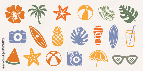 Colorful summer icons including tropical plants beach items and vacation essentials
