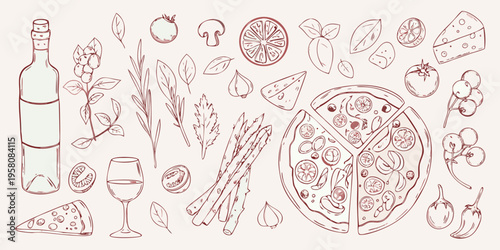 A charming sketch of italian food items including pizza wine and vegetables