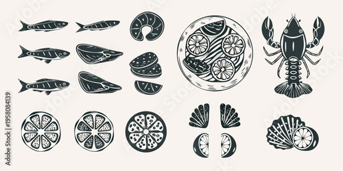 Variety of seafood illustrations including fish lobster and lemon slices