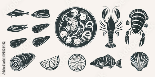 A collection of black and white seafood illustrations on a neutral background