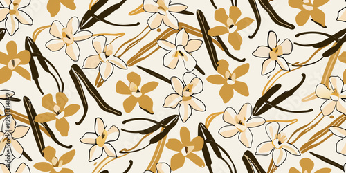 Floral and vanilla bean pattern with a hand drawn illustrative style