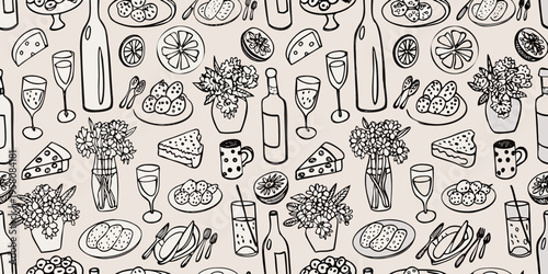 A repeating pattern of sketched food and drink items on a beige background
