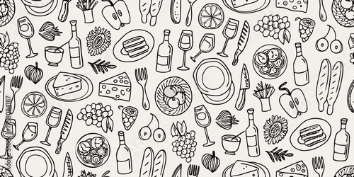 A seamless pattern of hand drawn food and drink illustrations