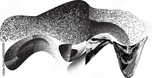 Glitch distorted geometric shape . Noise destroyed logo . Trendy defect error shapes . Glitched .Grunge textured . Distressed effect .Vector shapes with a halftone dots screen print texture.
