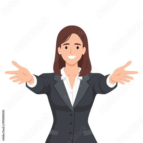 Welcoming Business Woman Open Arms Greeting Gesture. Flat vector illustration isolated on white background