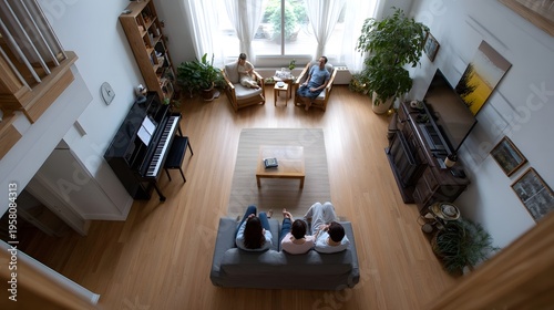 Overhead view of a family relaxing in a spacious modern living room with a piano and television