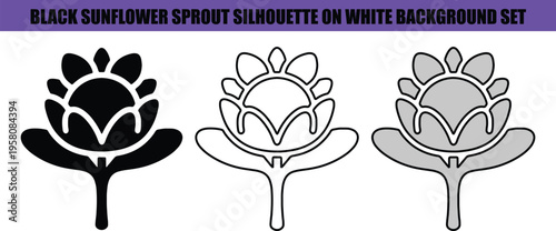 Black outline and grey sunflower sprout silhouettes on white
