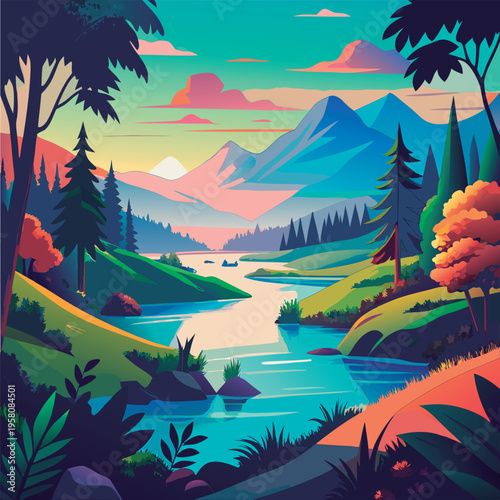 Vector illustration of a Serene mountain river landscape.