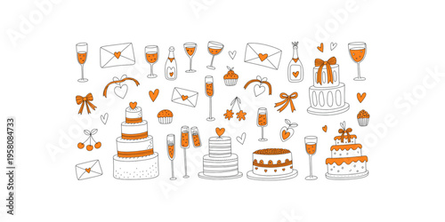 Set of festive wedding and celebration hand drawn doodles with cakes champagne and love hearts