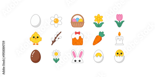 Set of fifteen colorful easter icons featuring spring flowers eggs and festive holiday symbols