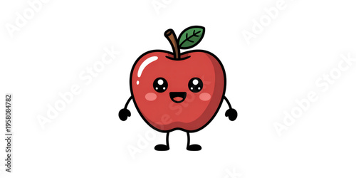 A cute red apple character with a happy smiling face and a green leaf standing in a cartoon style