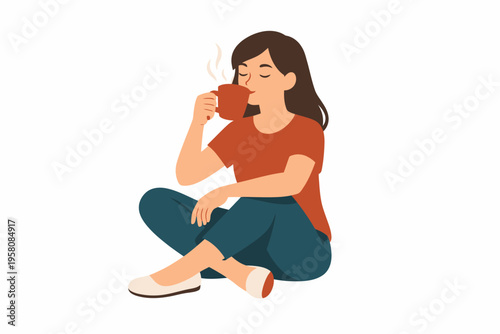 Young caucasian female relaxing with coffee in casual outfit