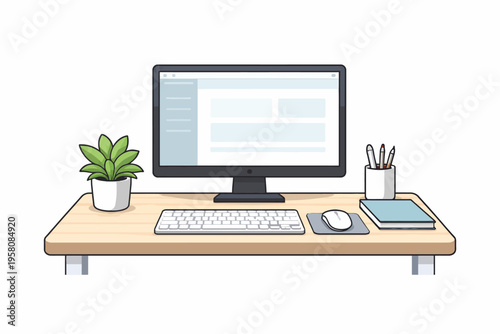 Minimalist home office setup with desktop computer and accessories