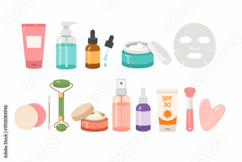 Collection of skincare products including creams, serums, masks, and tools