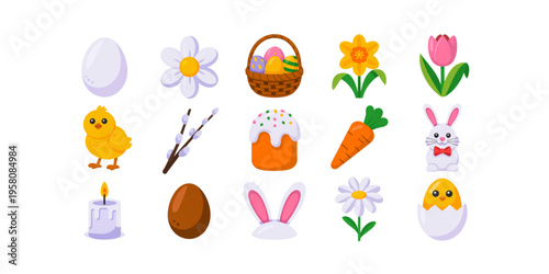 Set of colorful easter holiday icons featuring traditional symbols like eggs flowers and bunnies
