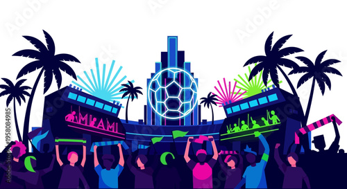 Neon Miami soccer stadium party with cheering crowd silhouettes

