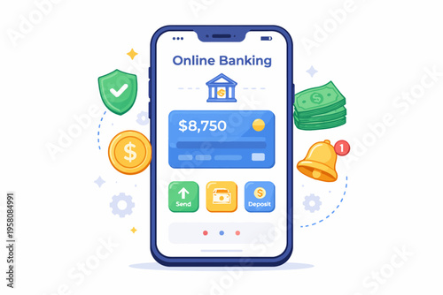 Online banking app interface with financial icons on smartphone screen