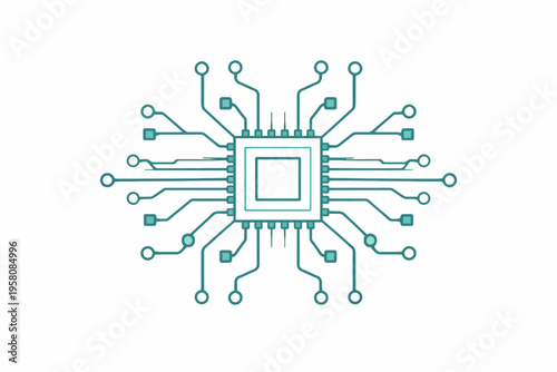 Abstract representation of a circuit board with microchip on white background
