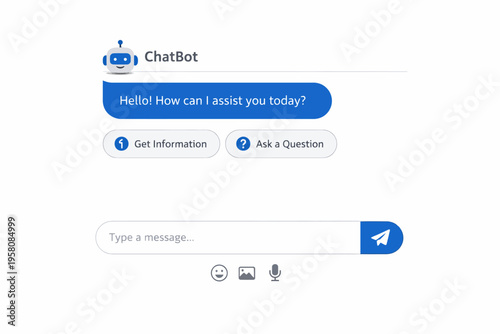 Interactive chatbot interface with message box and assistance options