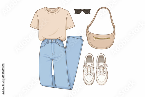 Casual outfit with beige top and blue jeans