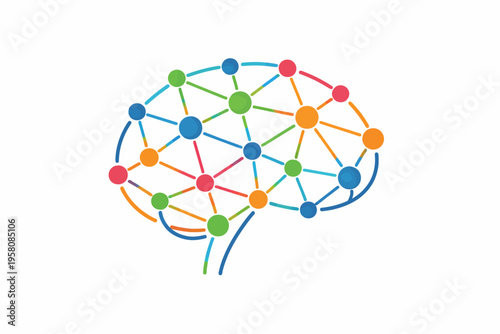 Colorful geometric brain network diagram illustrating neural connections