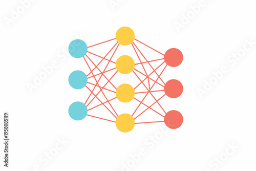 Colorful neural network diagram with interconnected nodes and lines