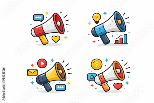 Colorful megaphones with marketing symbols featuring likes, charts, and messages