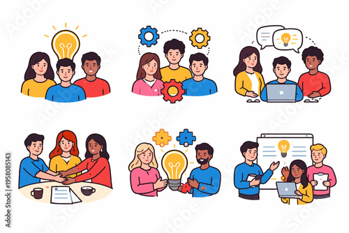 Young adults collaborating on innovative ideas in teamwork and group discussion