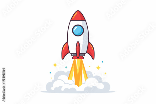 Cartoon rocket launching with clouds and stars in a clear sky