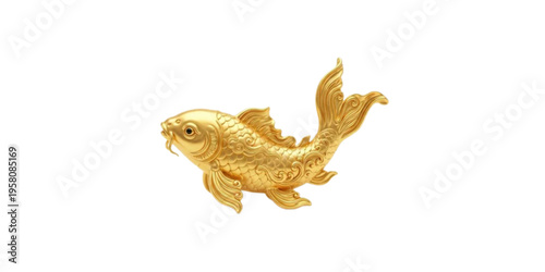 A highly detailed golden koi fish sculpture featuring ornate swirling patterns on its metallic scales
