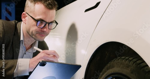 Worried insurance inspector examines car body and marks notes on digital tablet in garage. Agent analyzes vehicle damage after road accident in parking lot