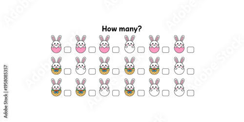 Educational counting worksheet featuring cute cartoon bunnies with easter baskets and pink eggs