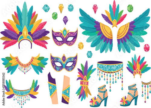 Carnival costume accessories set with colorful feathers masks wings and jewelry, festive party elements flat vector illustration collection for celebration design
