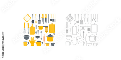 A collection of various essential kitchen utensils and cooking tools in color and outline style